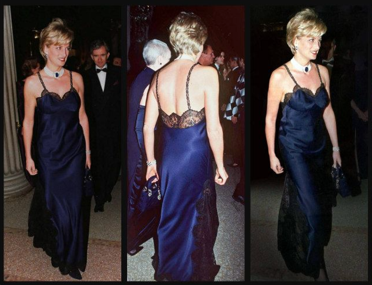 Princesa Diana luciendo un slip dress color azúl marino